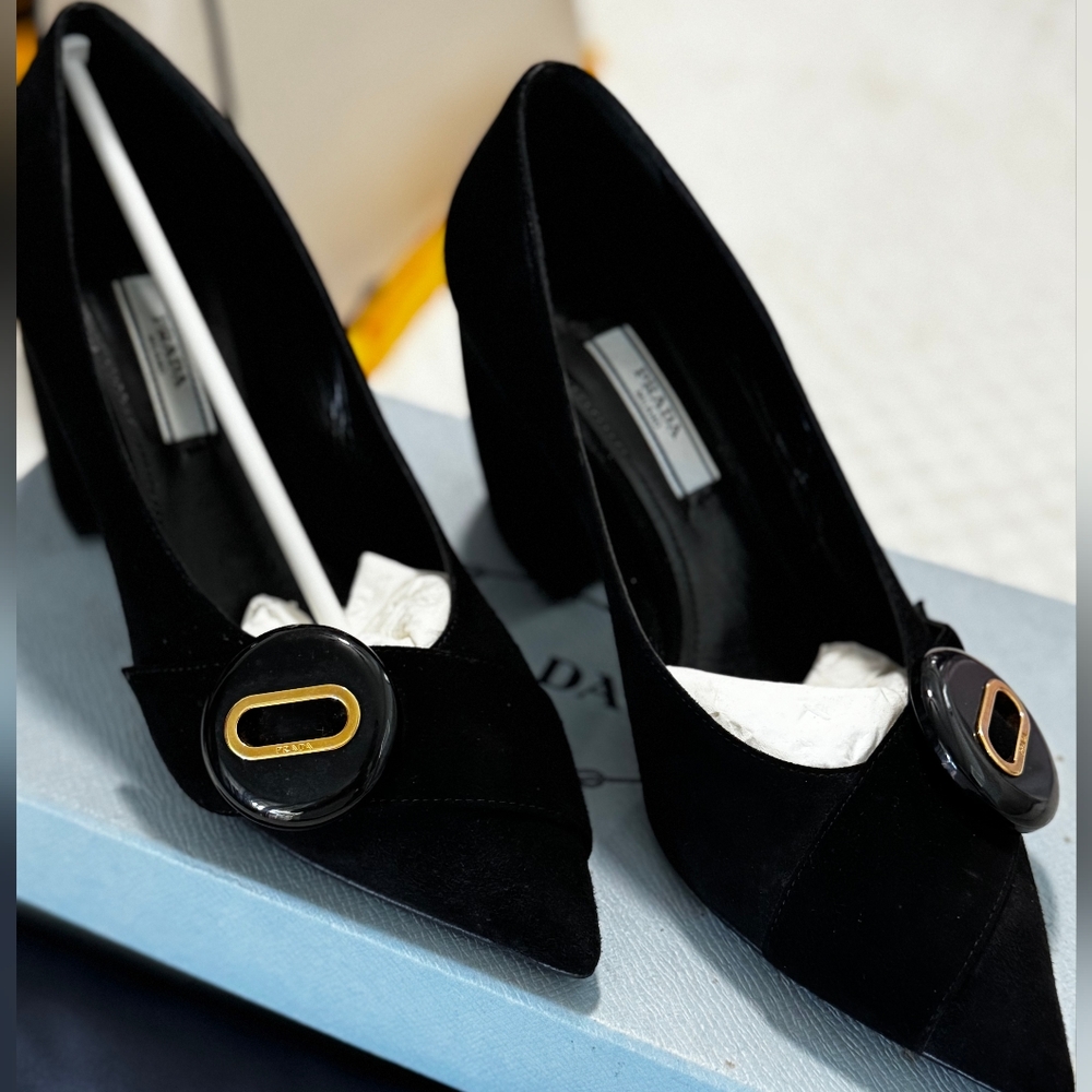 Prada Black Heels with Gold Accent
